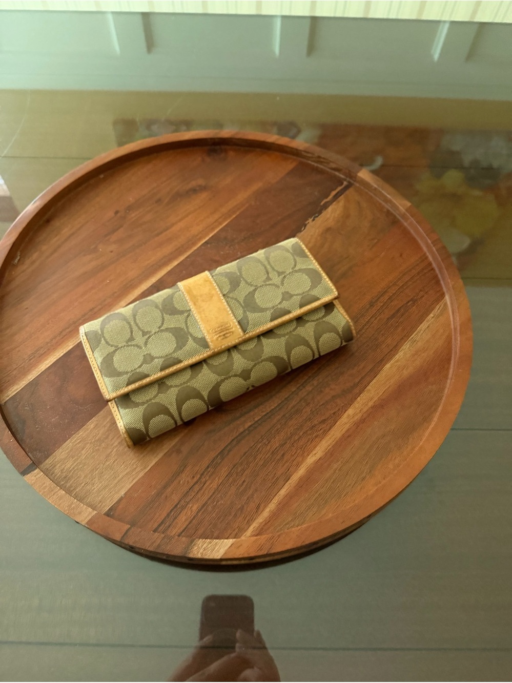 Coach Khaki and Tan Signature Canvas Trifold Wallet with Checkbook Wallet